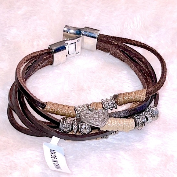 Jewelry - 8.5”🩶 BROWN LEATHER MULTI-STRAND BRACELET w/SILVER MAGNETIC CLOSURE HEART CHARM